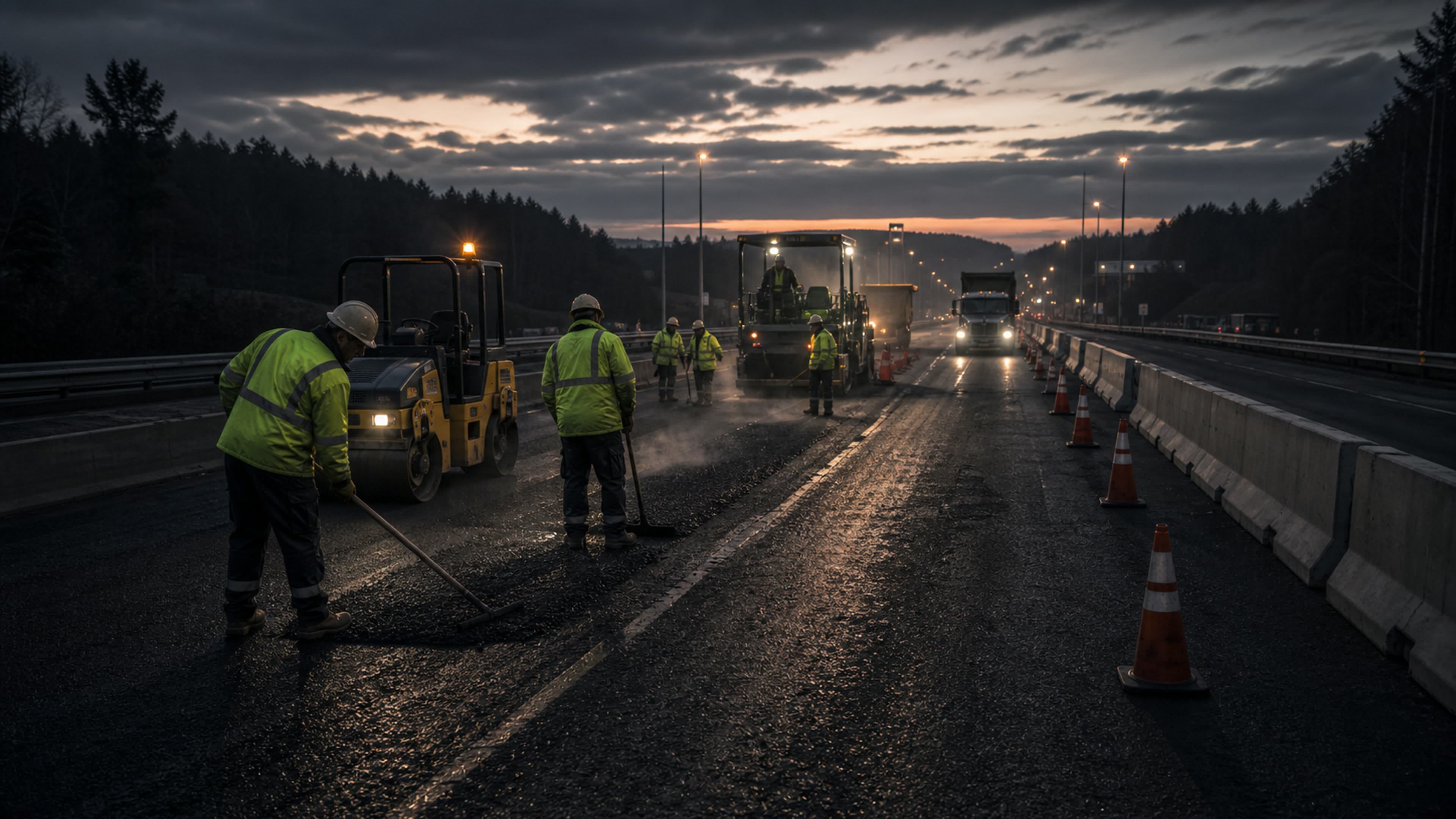 Road construction and site rehabilitation scene with paving machinery
